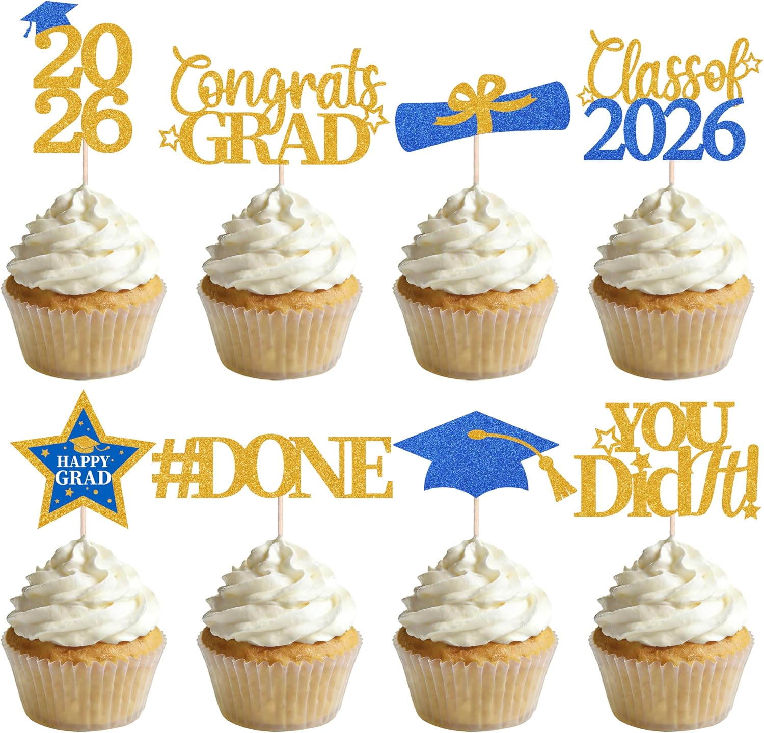 Graduation Cupcake Toppers 2026,48Pcs Blue Gold Graduation Cake Toppers,Congrats Grad Cake Decorations Class of 2026 Cupcake Toppers,Blue Grad Cupcake Toppers for Graduation Party Decorations