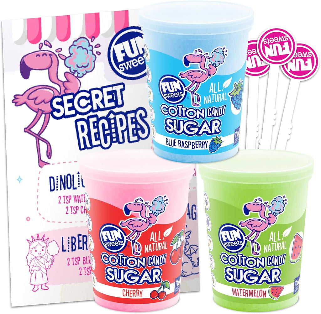 Fun Sweets Cotton Candy Sugar 3 Flavor Variety Pack – Cherry, Blue Raspberry & Watermelon – All Natural Flavors & Colors - Floss Sugar for Cotton Candy Maker Includes 50 Sticks & Recipe Card