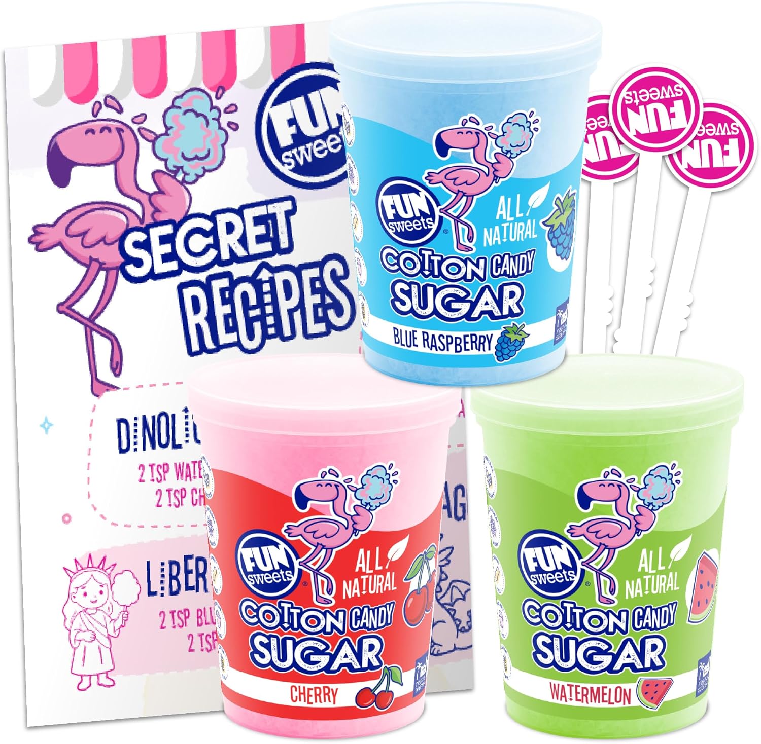 Fun Sweets Cotton Candy Sugar 3 Flavor Variety Pack – Cherry, Blue Raspberry & Watermelon – All Natural Flavors & Colors - Floss Sugar for Cotton Candy Maker Includes 50 Sticks & Recipe Card