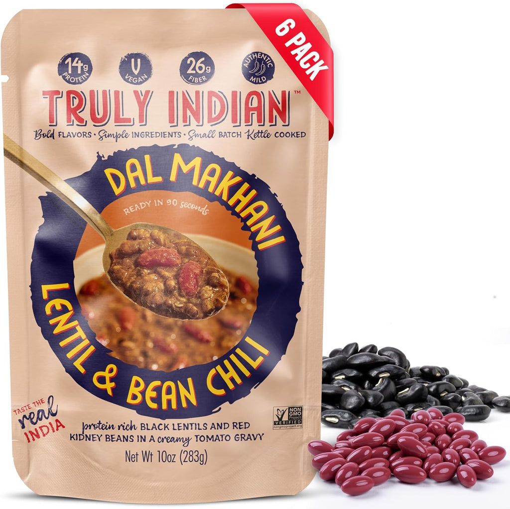 Truly Indian 6-Pack Spiced Lentil & Bean Chili (Dal Makhani) Authentic Traditional Ready to Eat Indian food 10oz - Made Fresh With Locally Grown Ingredients, Vegan, Microwaveable Meal