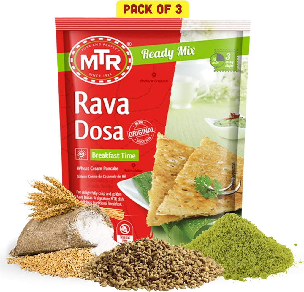 MTR Instant Rava Dosa Mix - Ready to Cook Authentic Indian Breakfast, Lunch, Dinner or Snack Meal - No Added Preservatives - A Quick & Easy Recipe Suitable for Vegetarians - (500g, Pack of 3)