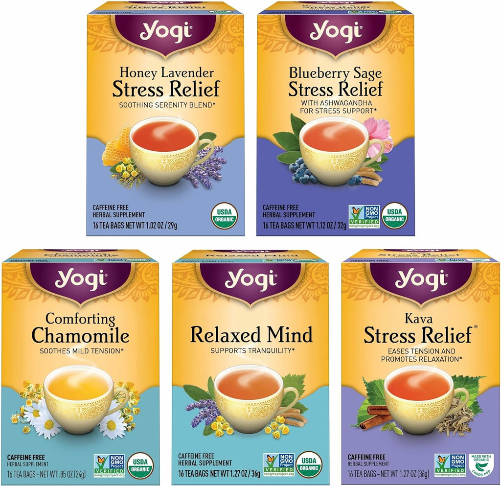 Yogi Tea Stress Relief & Relaxation Variety Sampler - 16 Bags per Pack (5 Packs) - Organic Relaxing Tea Sampler Set - Calming, Comforting Chamomile, Relaxed Mind & More