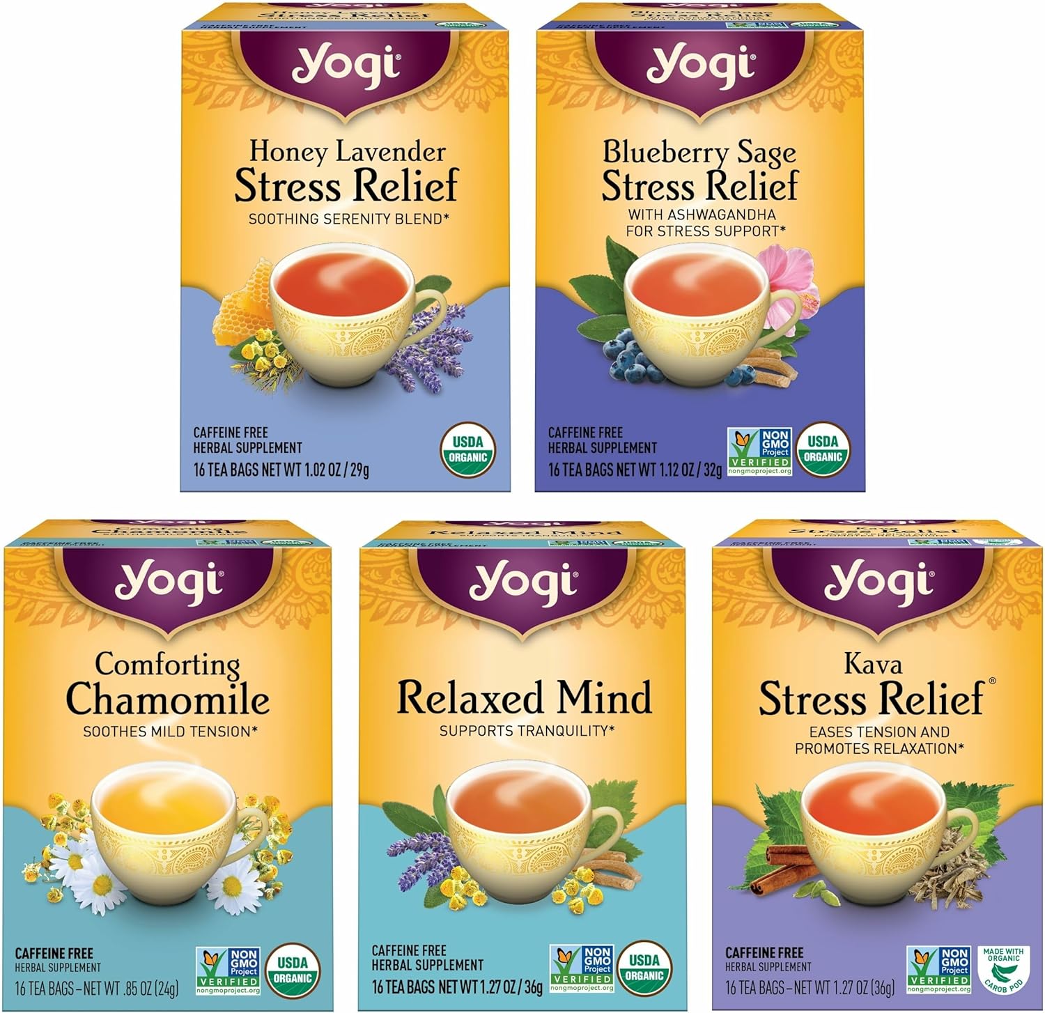 Yogi Tea Stress Relief & Relaxation Variety Sampler - 16 Bags per Pack (5 Packs) - Organic Relaxing Tea Sampler Set - Calming, Comforting Chamomile, Relaxed Mind & More