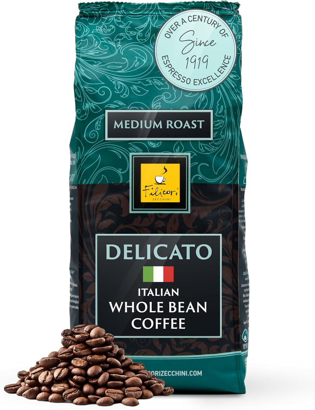 Filicori Zecchini Italian Espresso Beans – Whole Bean Coffee Medium Roast Arabica & Robusta Blend – Low Acidity, Slow Roasted – Delicato 2.2lb Bag