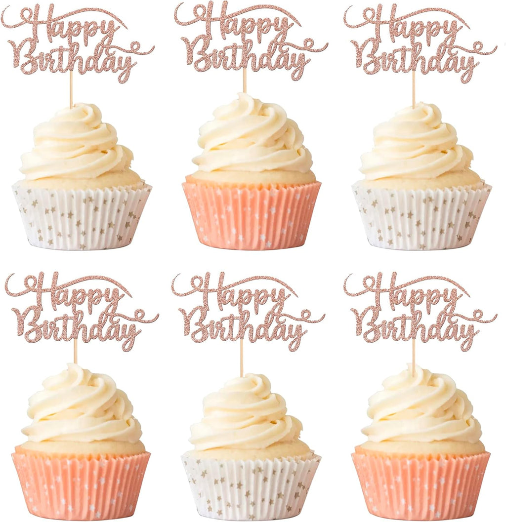 Rsstarxi 24 Pack Happy Birthday Cupcake Toppers Glitter Birthday Cupcake Food Picks for Celebrating Happy Birthday Party Cake Decorations Supplies Rose Gold