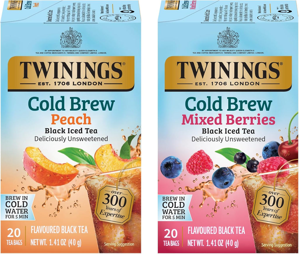 Twinings Cold Brew Variety Sampler Peach and Mixed Berries Black Iced Tea Bags, 20 Count (Pack of 2), Deliciously Unsweetened Flavoured Black Tea, Caffeinated, 40 Individually Wrapped Tea Bags