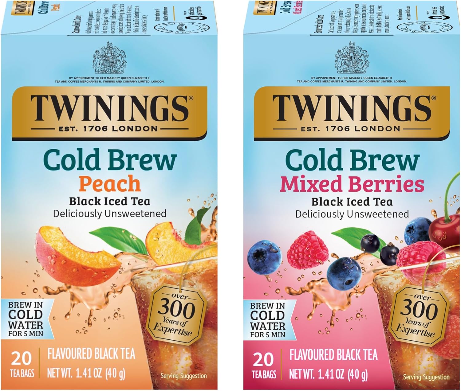 Twinings Cold Brew Variety Sampler Peach and Mixed Berries Black Iced Tea Bags, 20 Count (Pack of 2), Deliciously Unsweetened Flavoured Black Tea, Caffeinated, 40 Individually Wrapped Tea Bags