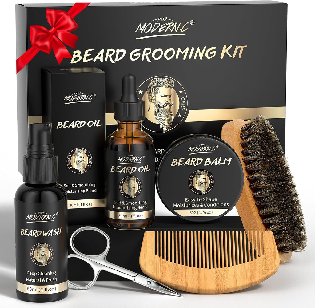 POP MODERN.C Beard Growth Kit Beard Grooming Kit 6pcs Beard Wash Shampoo Beard Oil Beard Balm Beard Comb Brush Scissors