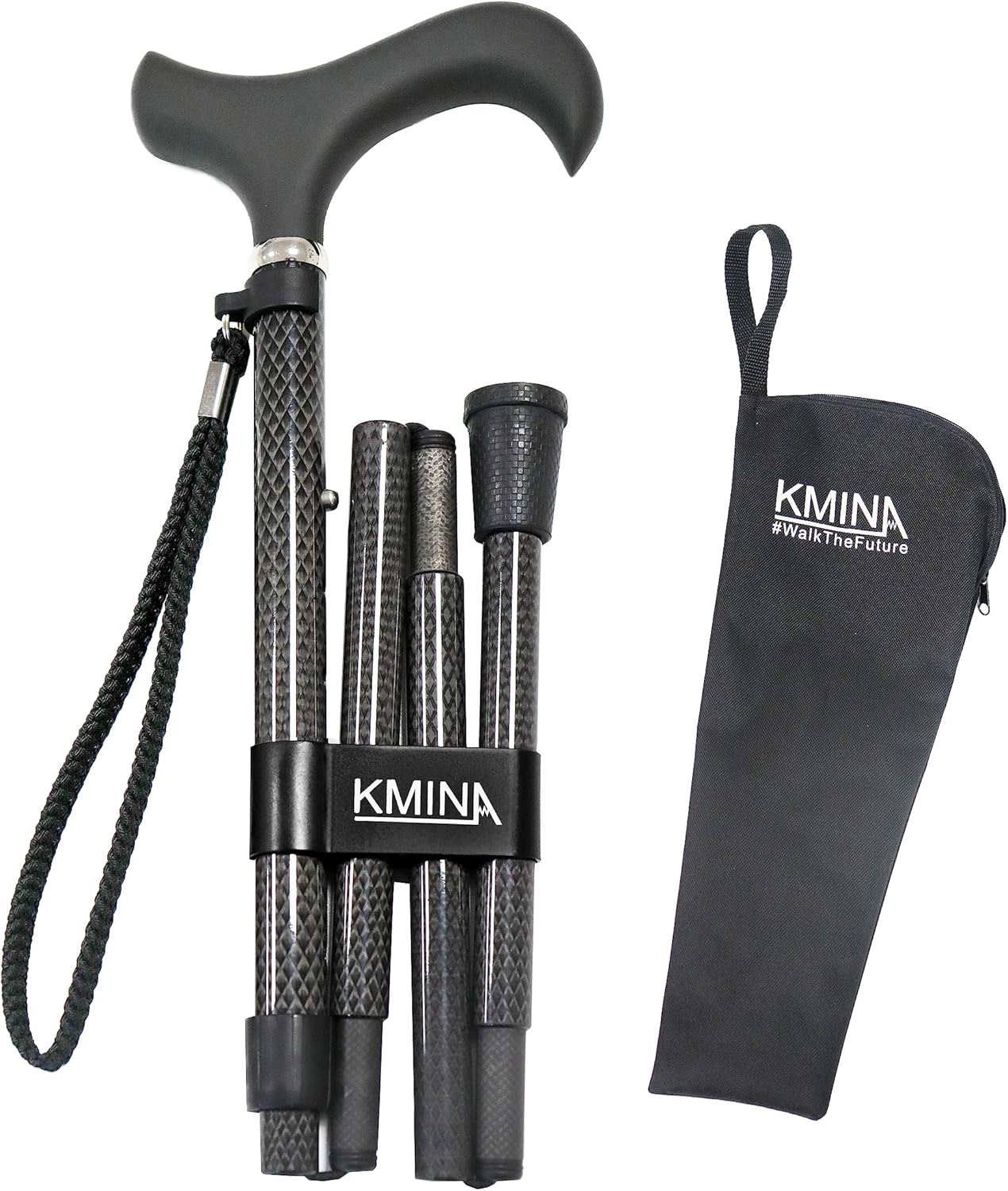 KMINA Folding Cane for Men and Women (Carbon Fiber), Soft Grip, Adjustable Height, Lightweight, Black, PRO Model