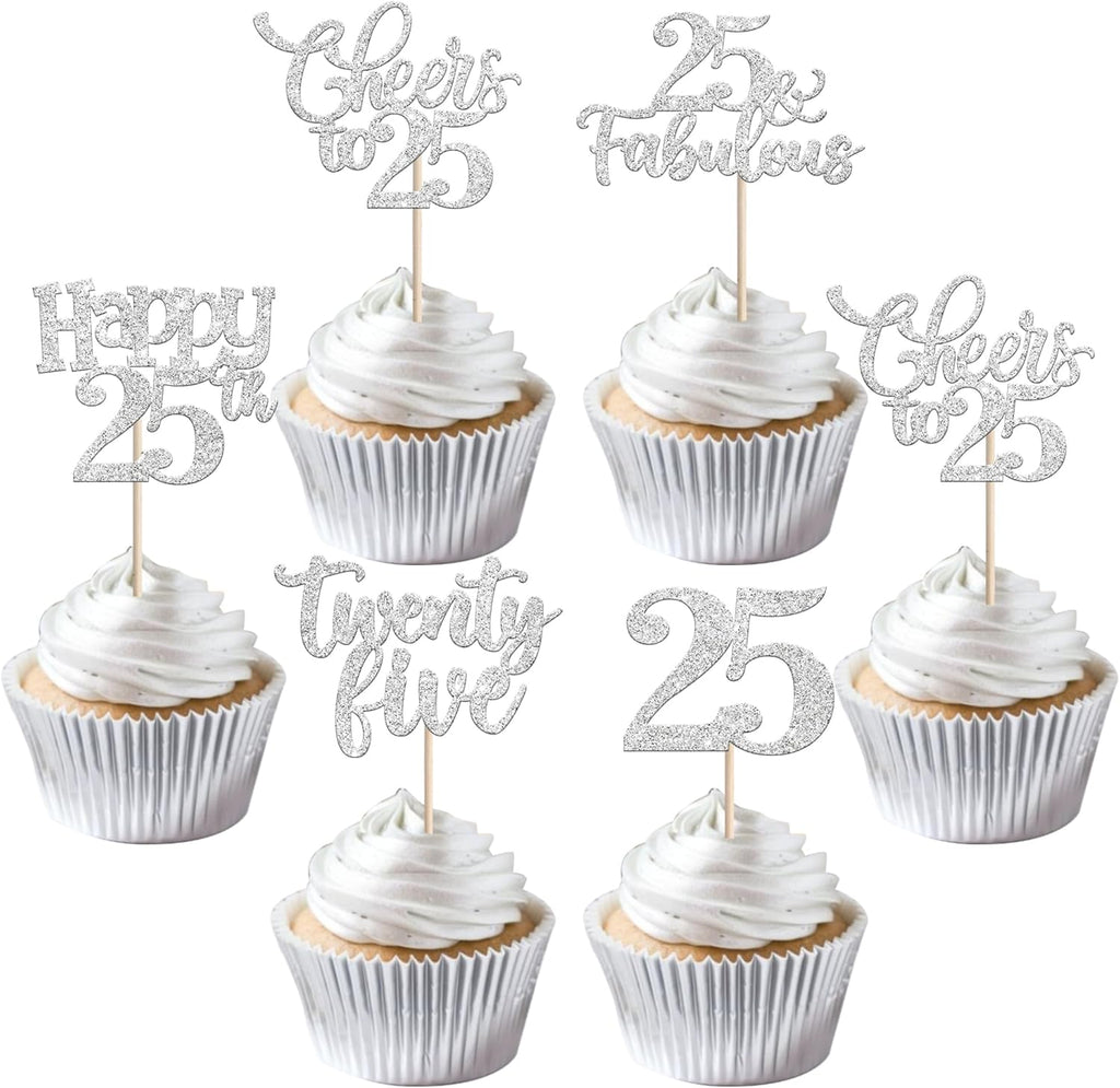 30 PCS Happy 25th Birthday Cupcake Toppers Glitter Twenty Five Hello 25 Cheers to 25 Fabulous Cupcake Picks for Happy 25th Birthday Anniversary Party Cake Decorations Supplies Silver