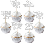 30 PCS Happy 25th Birthday Cupcake Toppers Glitter Twenty Five Hello 25 Cheers to 25 Fabulous Cupcake Picks for Happy 25th Birthday Anniversary Party Cake Decorations Supplies Silver