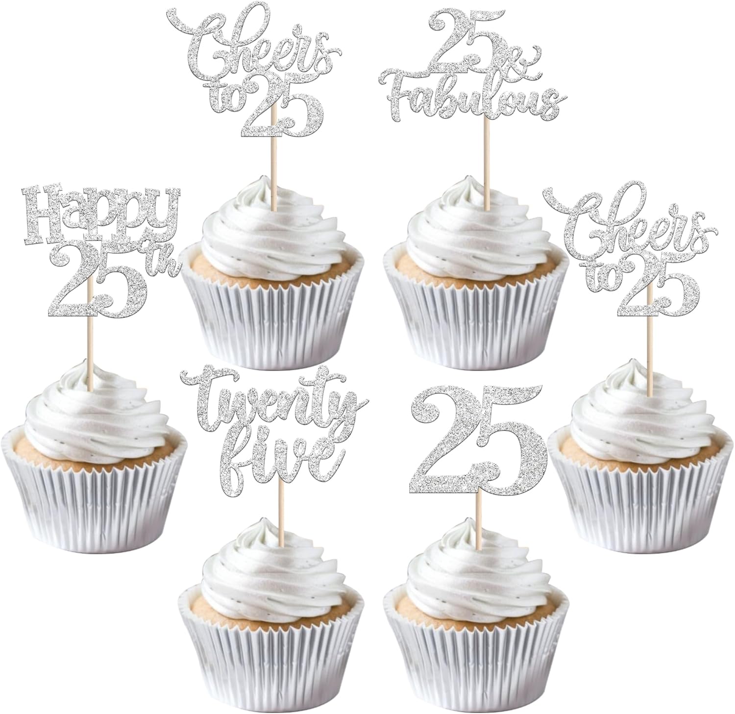 30 PCS Happy 25th Birthday Cupcake Toppers Glitter Twenty Five Hello 25 Cheers to 25 Fabulous Cupcake Picks for Happy 25th Birthday Anniversary Party Cake Decorations Supplies Silver