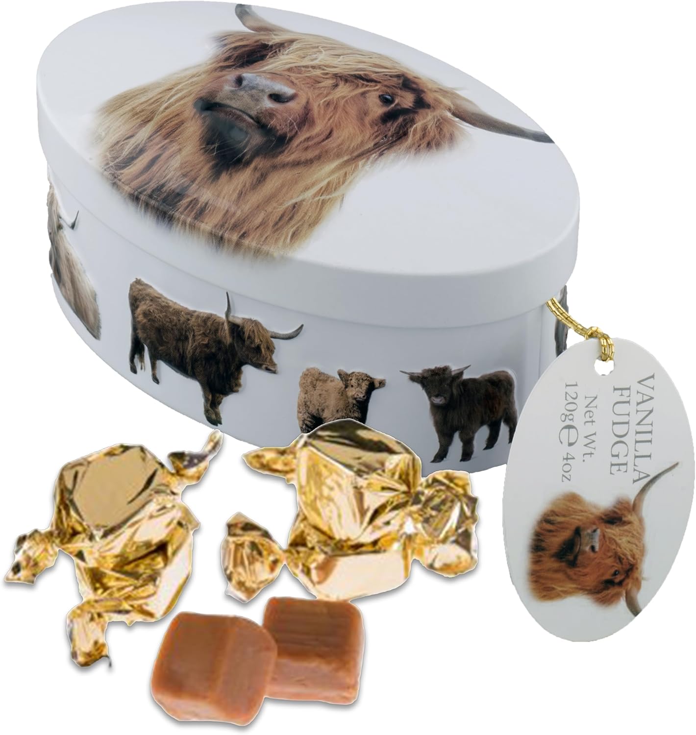 Gardiners of Scotland Handmade Fudge, Highland Cow Vanilla Fudge 4 Ounce Oval Tin
