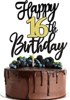 1 PCS Happy 16th Birthday Cake Topper Black Gold Glitter Cheers to 16 Years Birthday Cake Pick 16 Fabulous Cake Decoration for Happy 16th Birthday Anniversary Party Cake Decorations Supplies