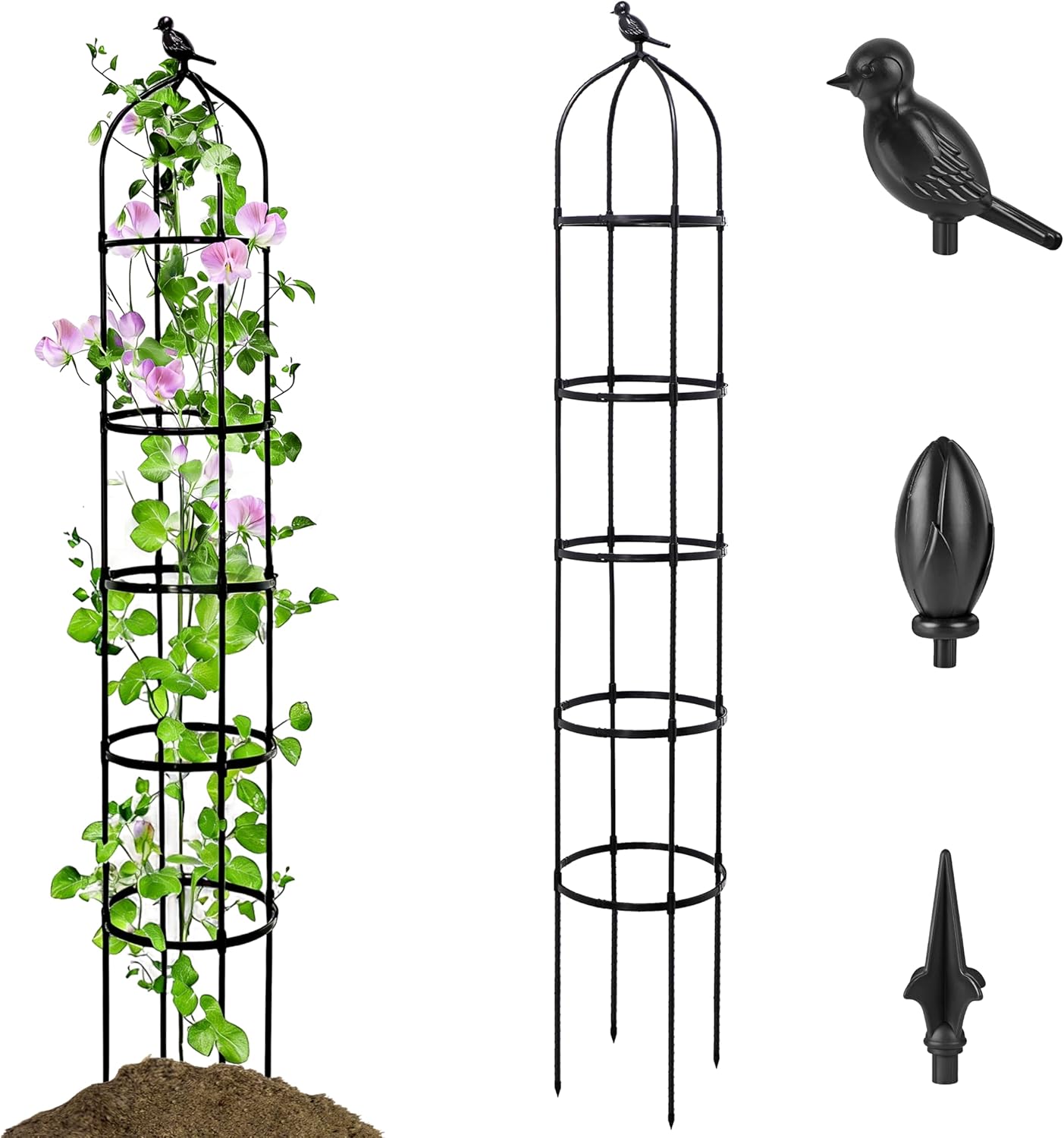 1 Pack Garden Obelisk Trellis for Climbing Plants Outdoor, 6.7FT Adjustable Metal Plant Support with 3 Decorative Tops, Black Rustproof Trellis for Roses, Tomatoes, Clematis & Vines