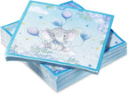 Spakon 100 Pcs Elephant Baby Shower Paper Napkins Bulk 2 Ply 6. 5 x 6. 5 Inches Blue and White Paper Napkins Elephant Baby Shower Decorations for Kids Birthday Gender Reveal Party Supplies