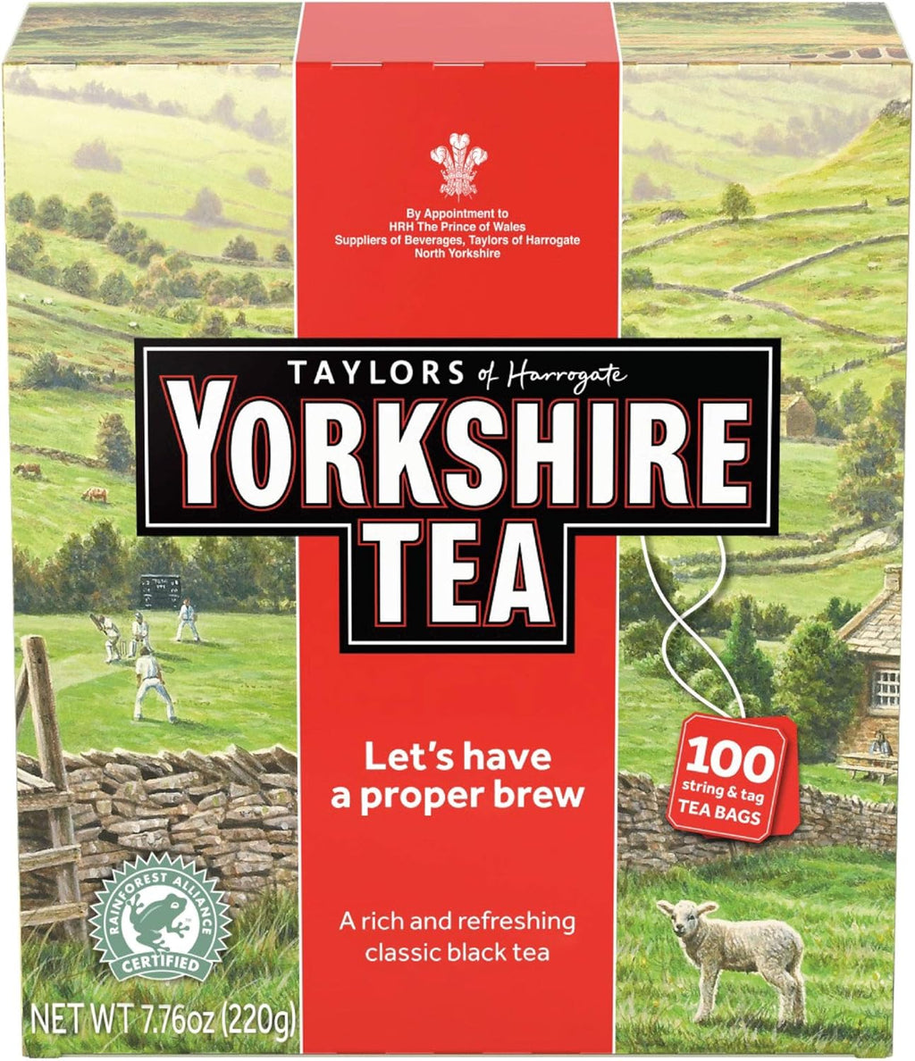 Yorkshire Tea, Red, Black Tea, String and Tagged Bags, 100 Count (Pack of 4), Refreshing, Satisfying, and Strong, Classic British Breakfast Blend, Caffeinated, Enjoy Hot or Iced, 400 Teabags Total