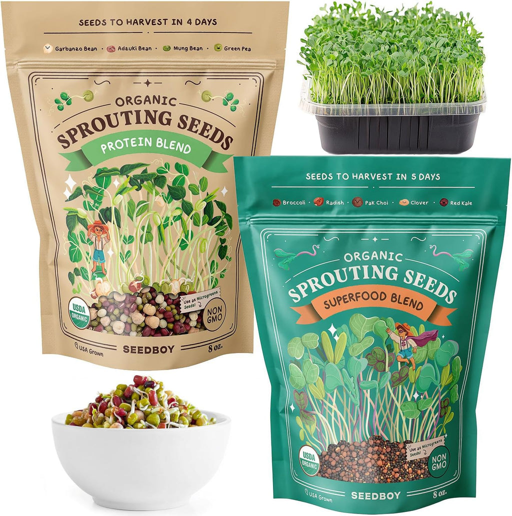 Seedboy Organic Non-GMO Sprouting Seeds, Superfood & Protein Blend - 2 Pack Bundle - USA Grown Sprouting & Microgreens Seeds - Two 8 oz Bags Makes 14 Quarts / 56 Servings (Superfood/Protein)