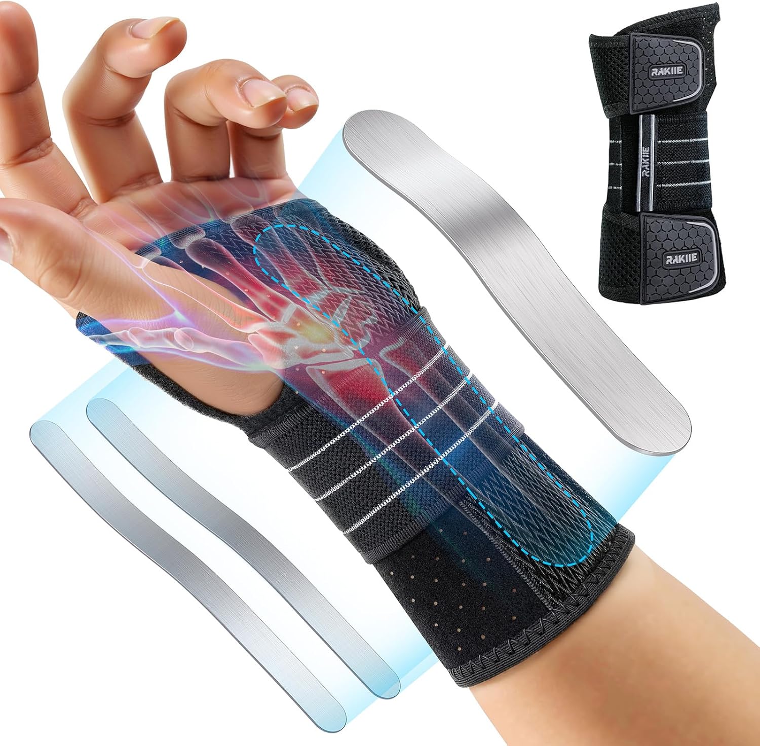 Rakiie Carpal Tunnel Wrist Brace Left Hand, Adjustable Night Wrist Support with 3 Metal Splints, Hand Brace for Men Women No Pressure on Thumb, Splint Stabilizer for Work, Arthritis, Gray Medium