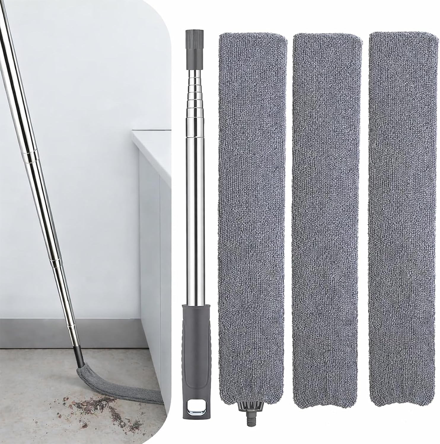 Retractable Gap Dust Cleaner with Extension Pole, Cleaning Tools with 3 Microfiber Dusting Cloths, Extendable Long Handle Duster for Cleaning Under Refrigerator Furniture Appliance