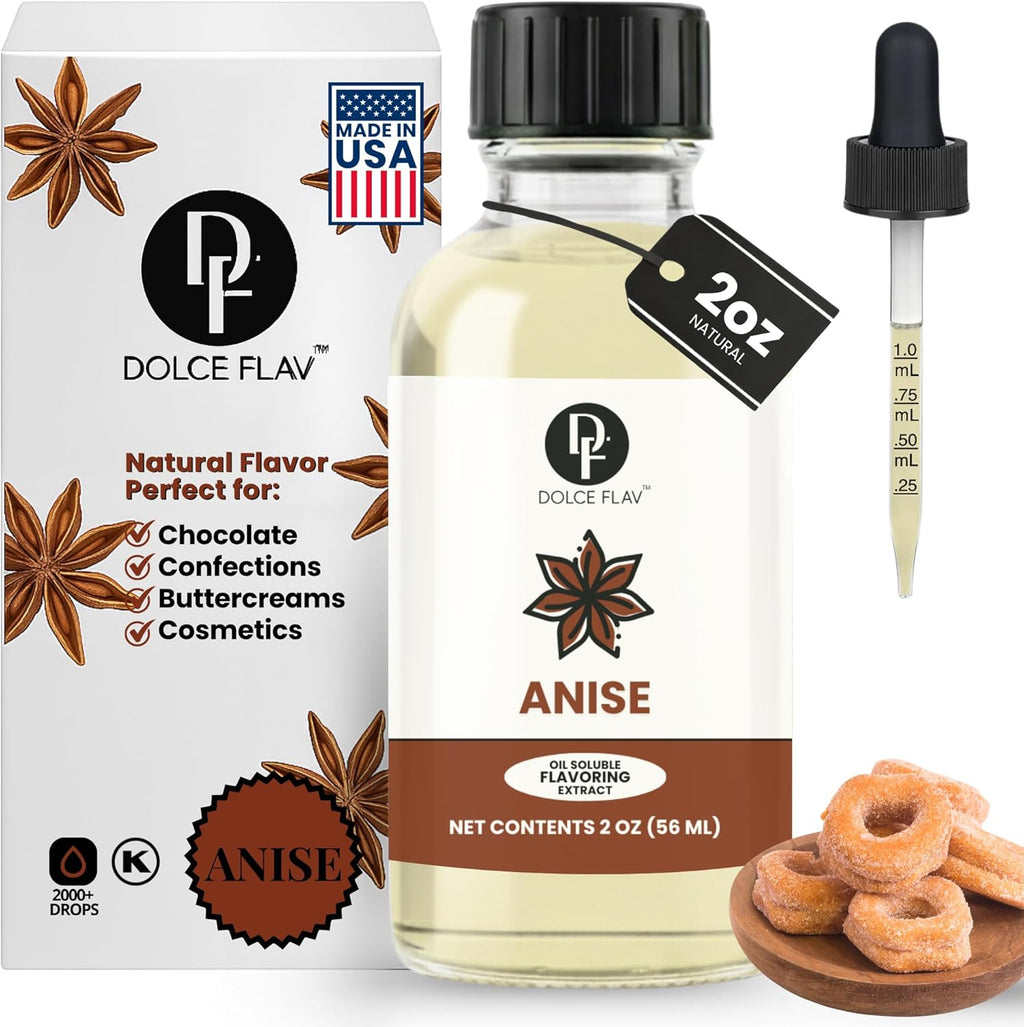 Dolce Flav Star Anise Extract – 2 Ounce Oil-Soluble Kosher, Sugar-Free, Concentrated Licorice Anise Flavoring for Baking, Cookies & Liqueurs, Includes Measured Dropper.
