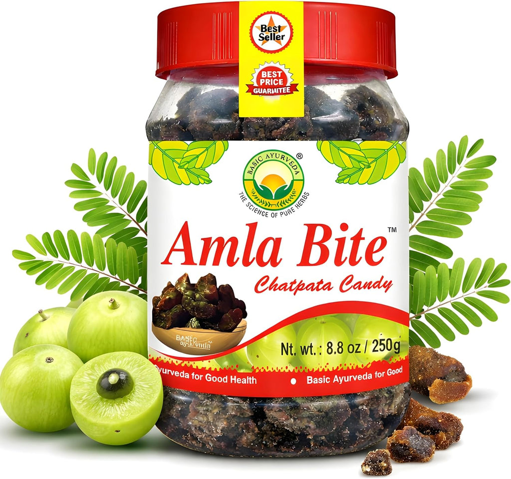 Basic Ayurveda Amla Bite Chatpata Candy | 8.82 Oz/250g | Sweet & Sour Flavor | Dried Indian Gooseberry Fruit Treat | Soft & Chewy | Natural Source of Vitamin C | Vegan & Gluten-Free
