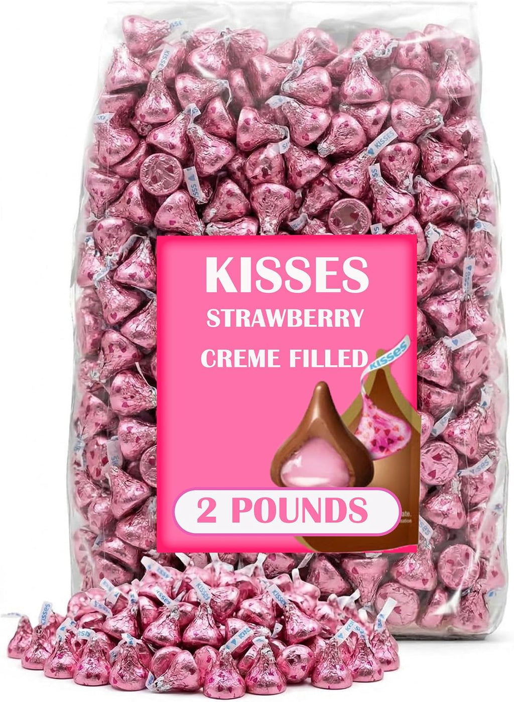 Hershey Kisses Strawberry Creme, 2 Lbs Bulk Milk Chocolate Candy with Strawberry Flavored Creme, Individually Wrapped in Pink Foils, for Birthdays, Snacking and Gifting