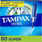 Tampax Pearl Tampons for Women, with LeakGuard Braid, Super Absorbency, Unscented, 50 Count