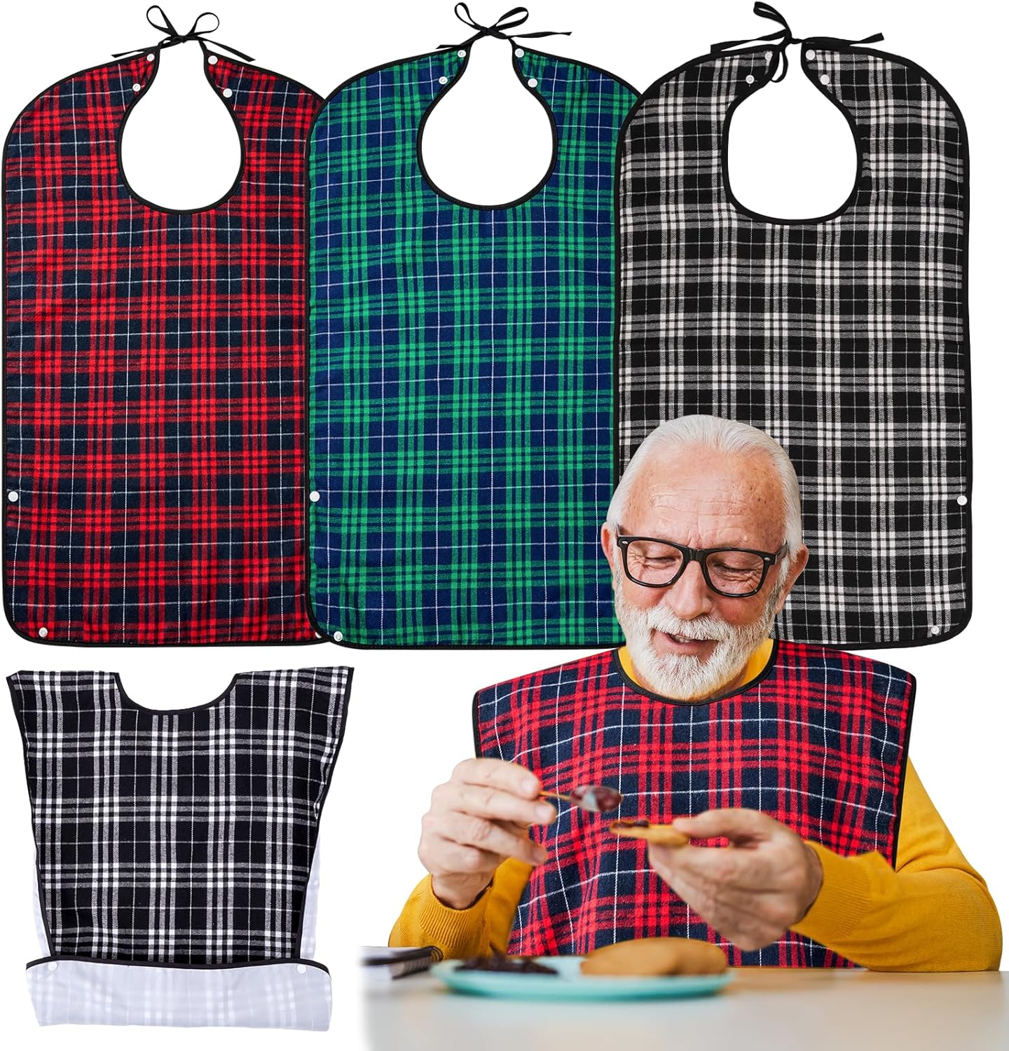 XKDOUS 3 Pack Adult Bibs for Men & Seniors, Reusable & Waterproof Clothing Protector with Crumb Catcher Pocket for Eating, Feeding Bibs for Elderly Women Men, Ideal Senior Citizens Gifts