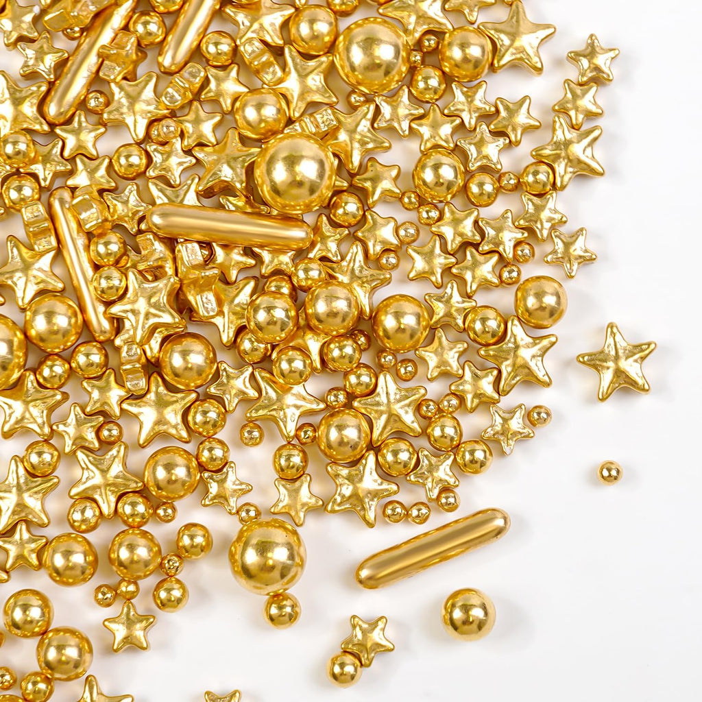 Dazzjoy Edible Gold Pearl Star Sprinkles, Gold Cake Decoration, 130g/4.58oz, Gold Star Pearls Sprinkles for Cake Decorating, Birthday Holiday Party Supplies