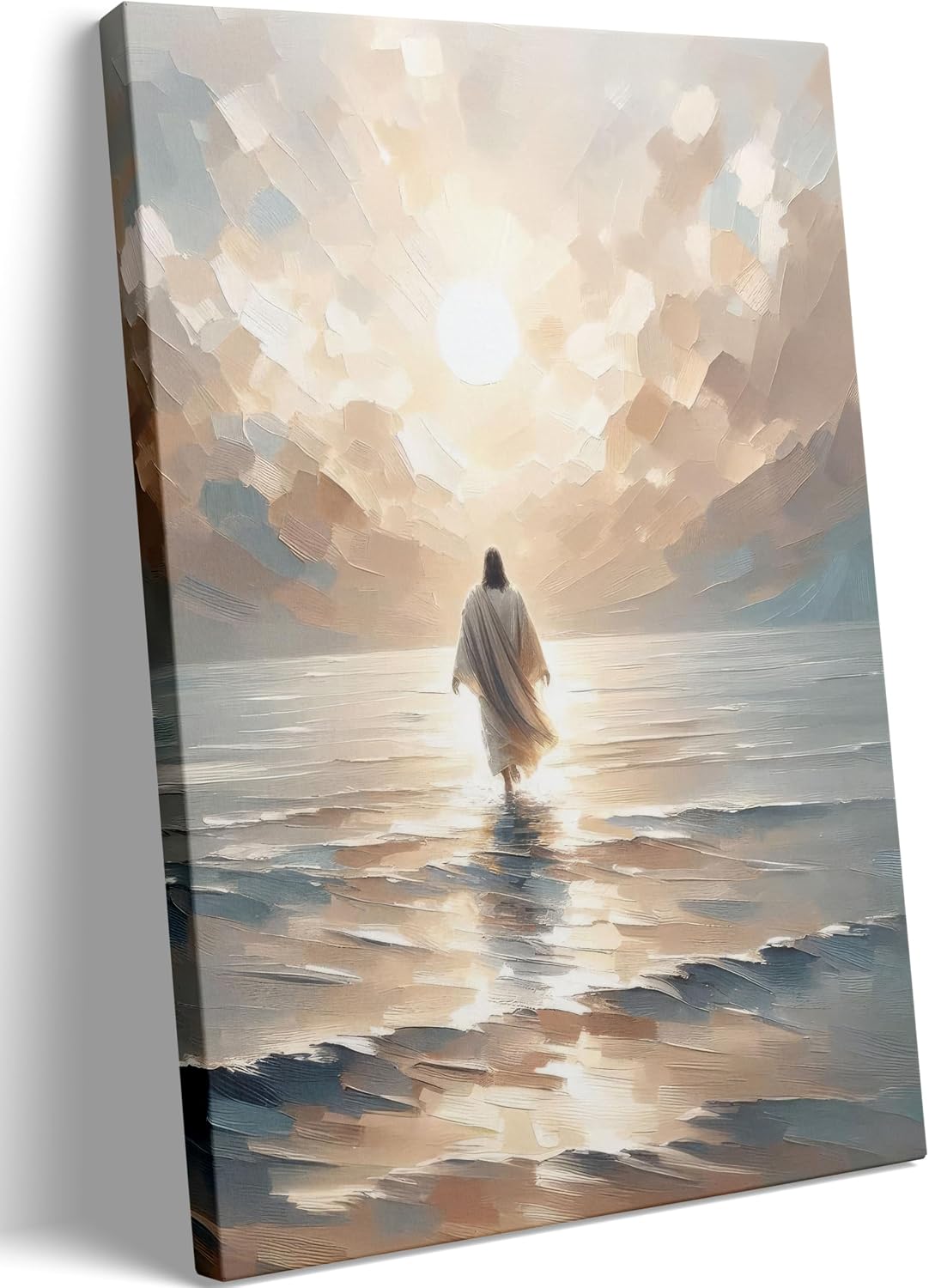 Jesus Walking on Water Canvas Wall Art Jesus Christian Posters Prints Sacred God Walking on Ocean Beach Painting Pictures for Living Room Bedroom Bathroom Office Wall Decor Framed