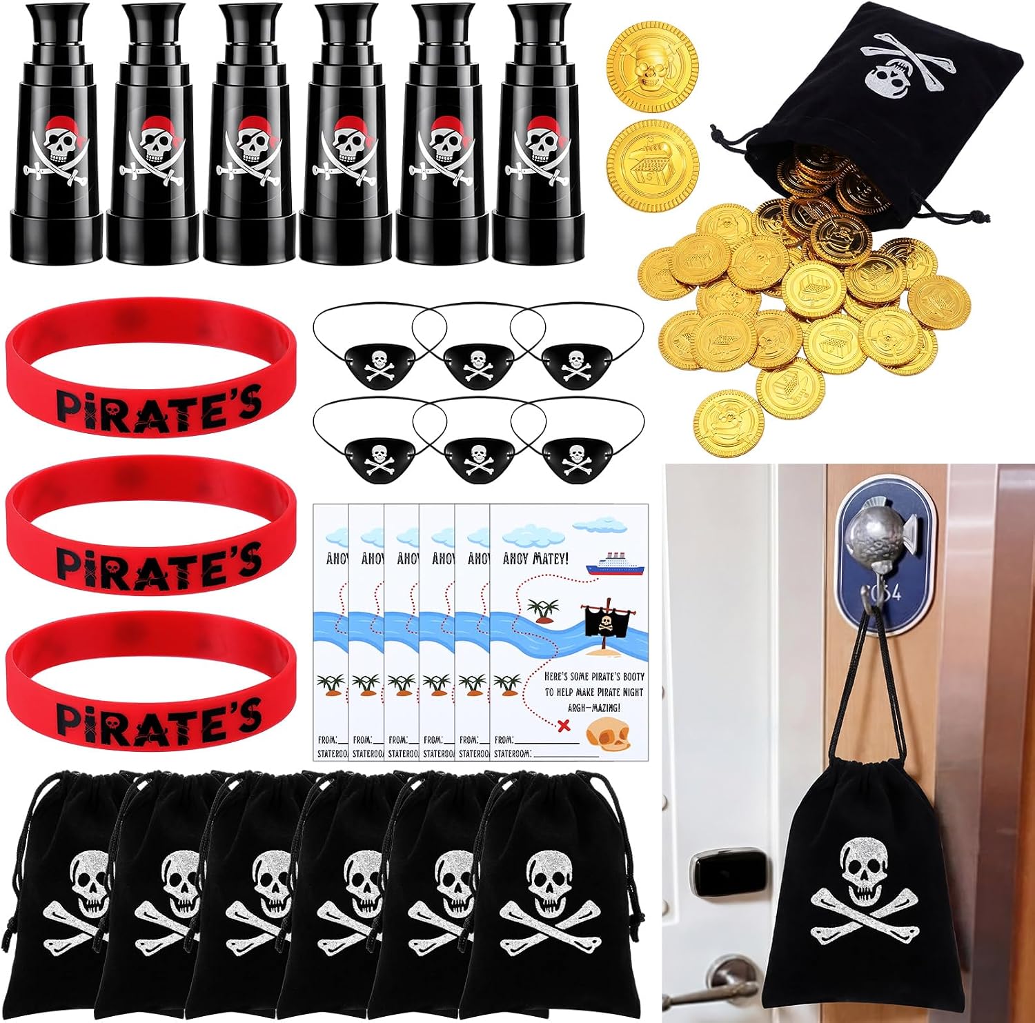 Shappy 6 Set Pirate Night Cruise Gifts Fish Extender Exchange Gifts for Cruise Pirate Silicone Bracelets, Eye Patches, Telescope, Golden Coin for Carnival Party Treasure Find Cosplay Birthday Party