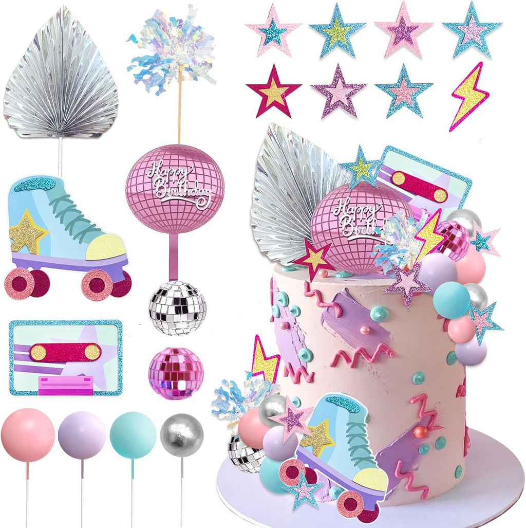 40pcs Roller Skate Cake Toppers 80s 90s Disco Ball Cake Decorations, Retro Girl Birthday Decor with Mini Balls for Skating Theme Party Supplies