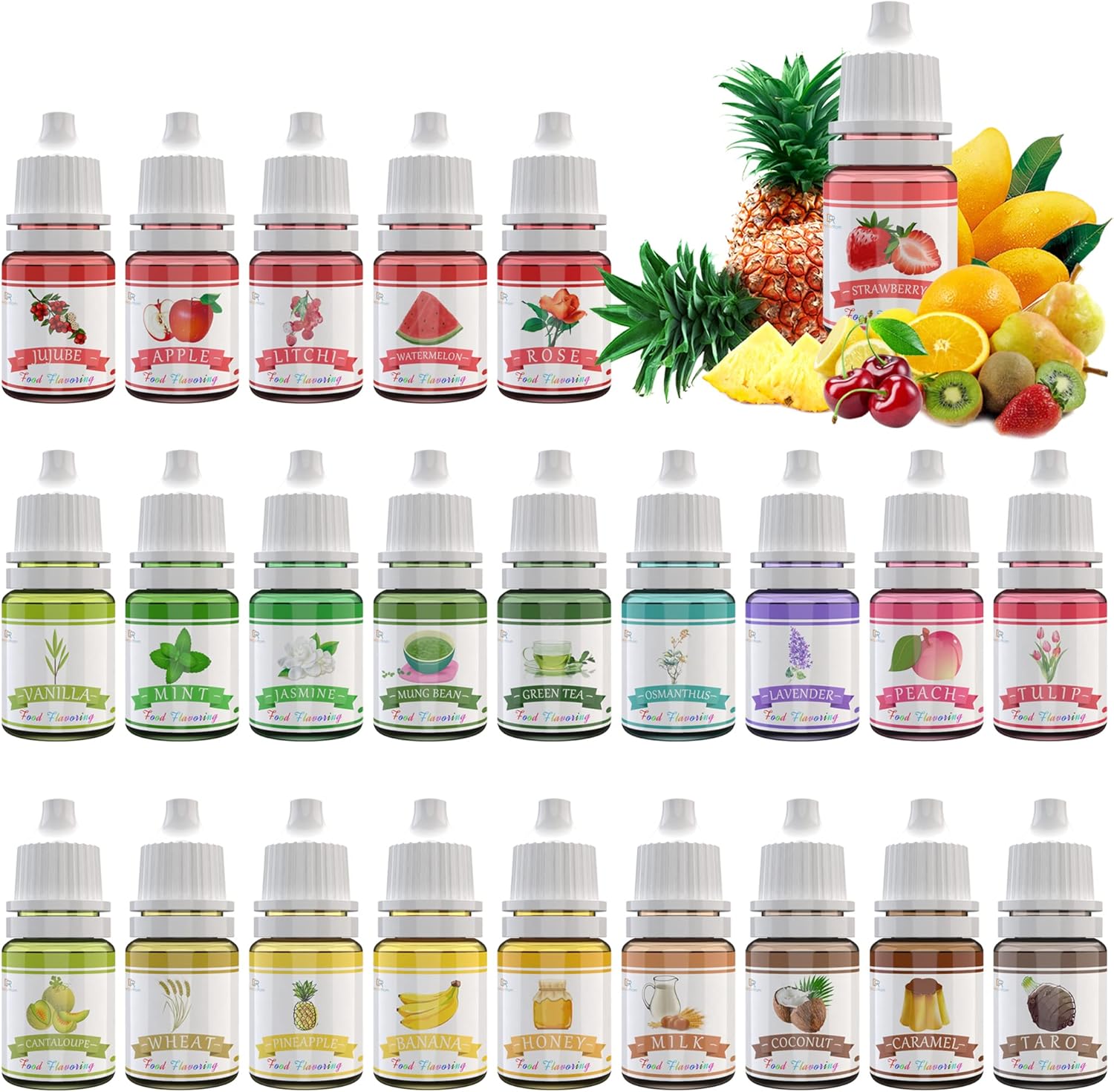 Food Flavoring Oil - 24 Pack Concentrated Flavor Oil for Baking, Cooking, Cosmetics - Liquid Lip Gloss Flavoring Oil Extract for Lip Balm, Drinks, Soap Making - Water & Oil Soluble - .2 Fl Oz Bottles