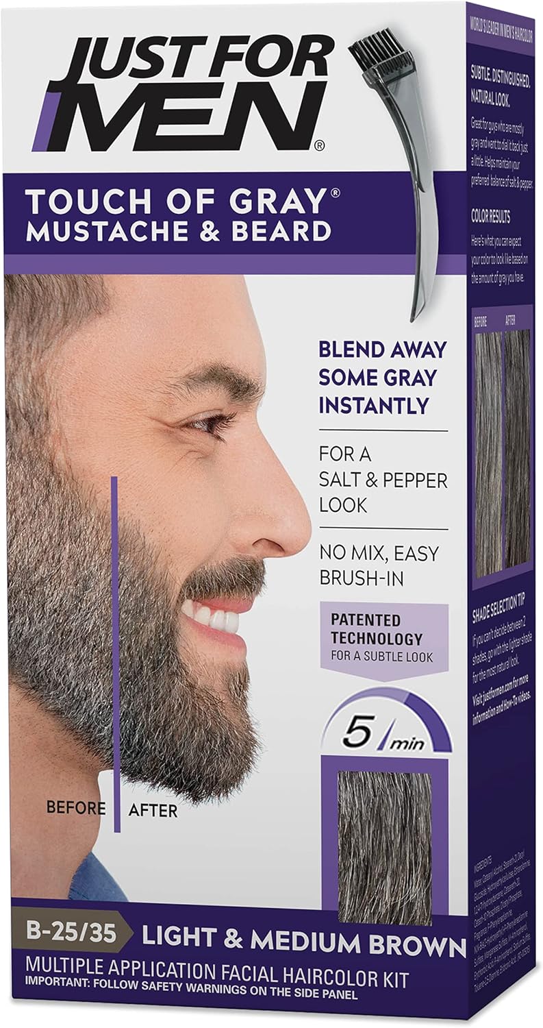 Just For Men Touch of Gray Mustache & Beard, Beard Coloring for Gray Hair with Brush Included for Easy Application, Great for a Salt and Pepper Look - Light & Medium Brown, B-25/35, Pack of 1