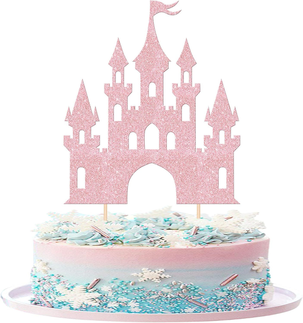 1 PCS Castle Cake Topper Glitter Princess Cake Topper Castle Theme Birthday Party Decoration Princess Happy Birthday Cake Decoration for Baby Shower Girls Princess Birthday Party Supplies Light Pink