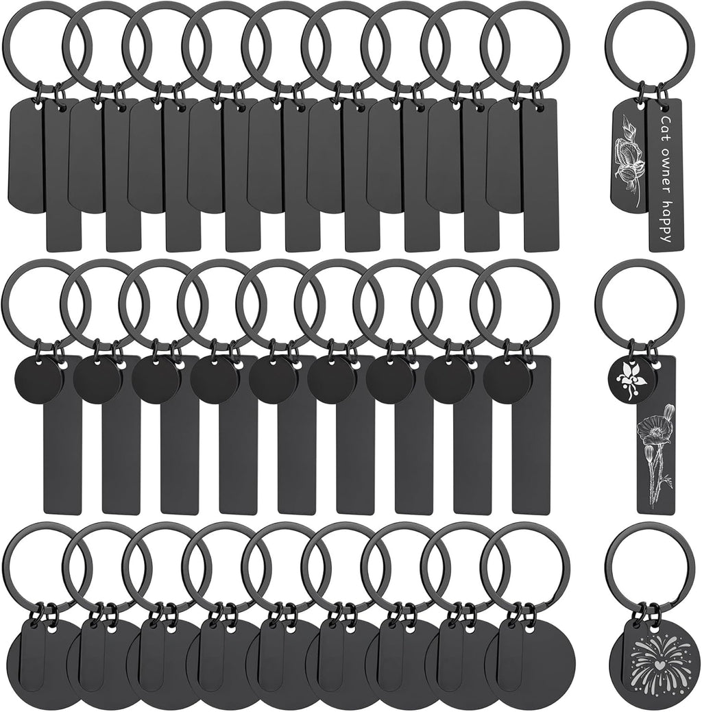 Framendino, 30 Pack Engravable Metal Keychain Blank Stamping Engraving Stainless Steel Keychains Tags Black