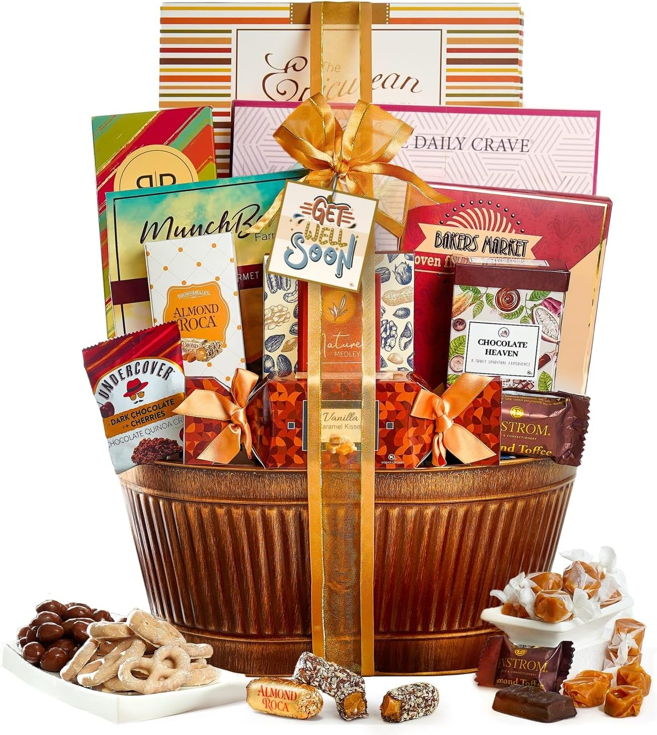Broadway Basketeers Get Well Basket – Gourmet Care Package with Snacks, Cookies, Chocolates & Treats - Get Well Soon Gift Baskets for Women, Men After Surgery - Feel Better Best Food Gifts to Send