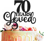 70 Years Loved Cake Topper - Black Glitter 70th Birthday & Anniversary Cake Decoration for Women Men Party Supplies, Photo Booth Props