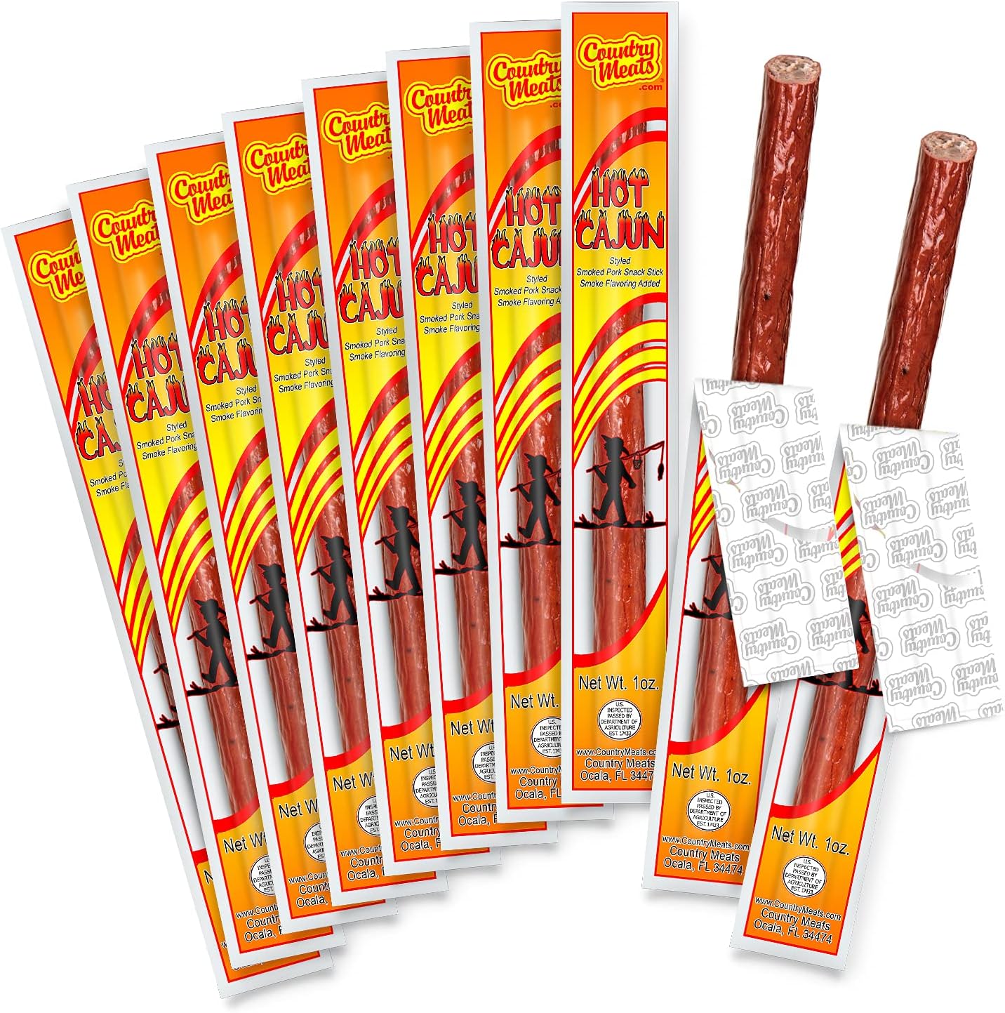 Country Meats, Meat Sticks, 0 Trans Fat, USDA Certified, Good Source of Protein, Carb Conscious Snack (10 Meat Sticks, Hot Cajun)