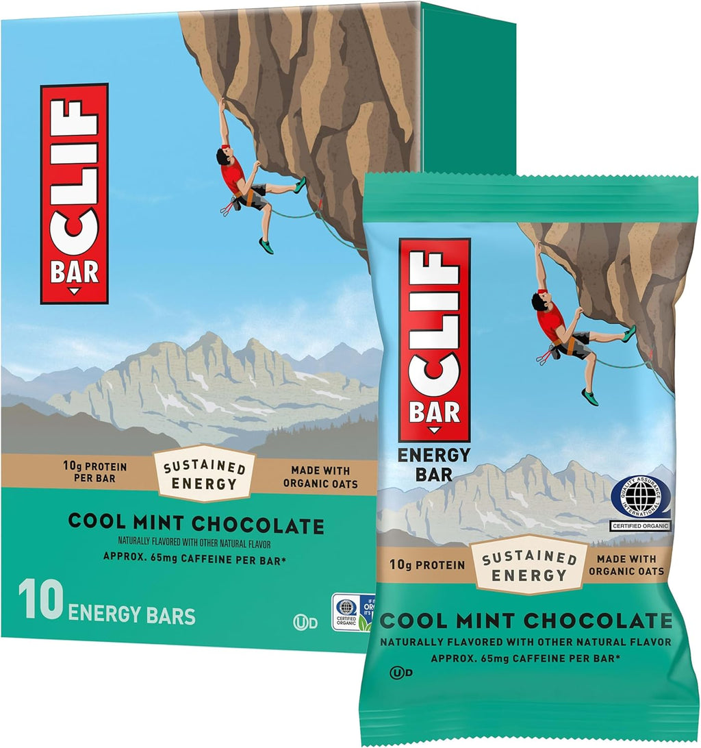 CLIF BAR - Energy Protein Bars - Cool Mint Chocolate with Caffeine - Made with Organic Oats - Energy Bars - Non-GMO - (10 Pack)
