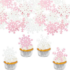 Ephlyn 60Pcs Edible Snowflake Cupcake Toppers Edible Wafer Paper Winter Frozen Theme Snowflakes Frozen Cake Decorations for Christmas Winter Holiday Frozen Theme Party Supplies Pink White
