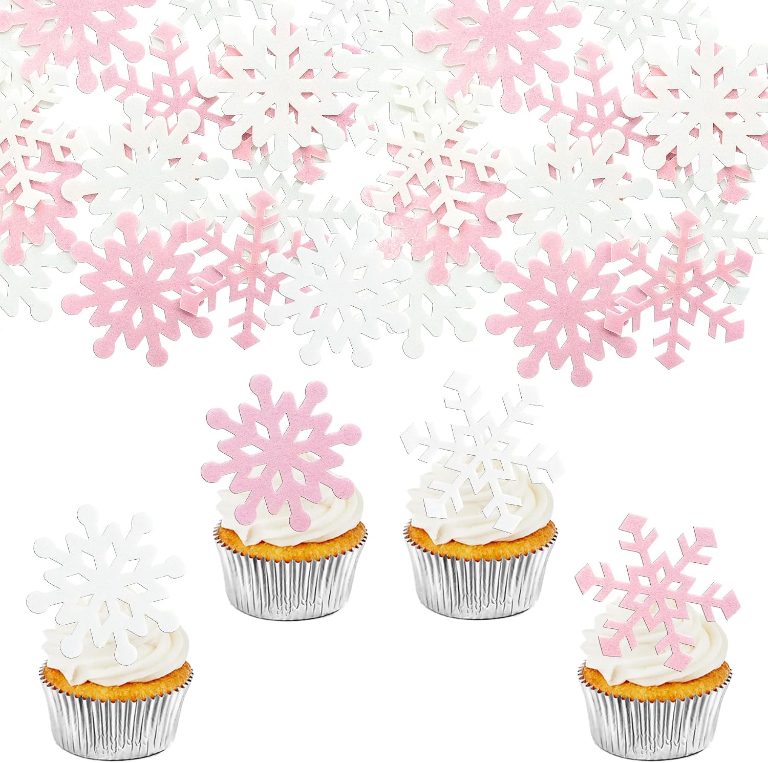 Ephlyn 60Pcs Edible Snowflake Cupcake Toppers Edible Wafer Paper Winter Frozen Theme Snowflakes Frozen Cake Decorations for Christmas Winter Holiday Frozen Theme Party Supplies Pink White