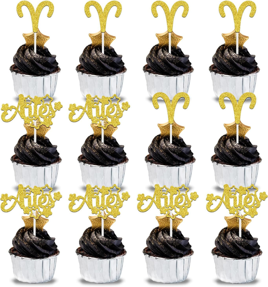 12Pcs Aries Cupcake Topper, Big Aries Energy/Aries Season, 12 Constellation March/April Birthday Cupcake Decoration, Horoscope Astrology Birthday Party Supplies, Gold Glitter