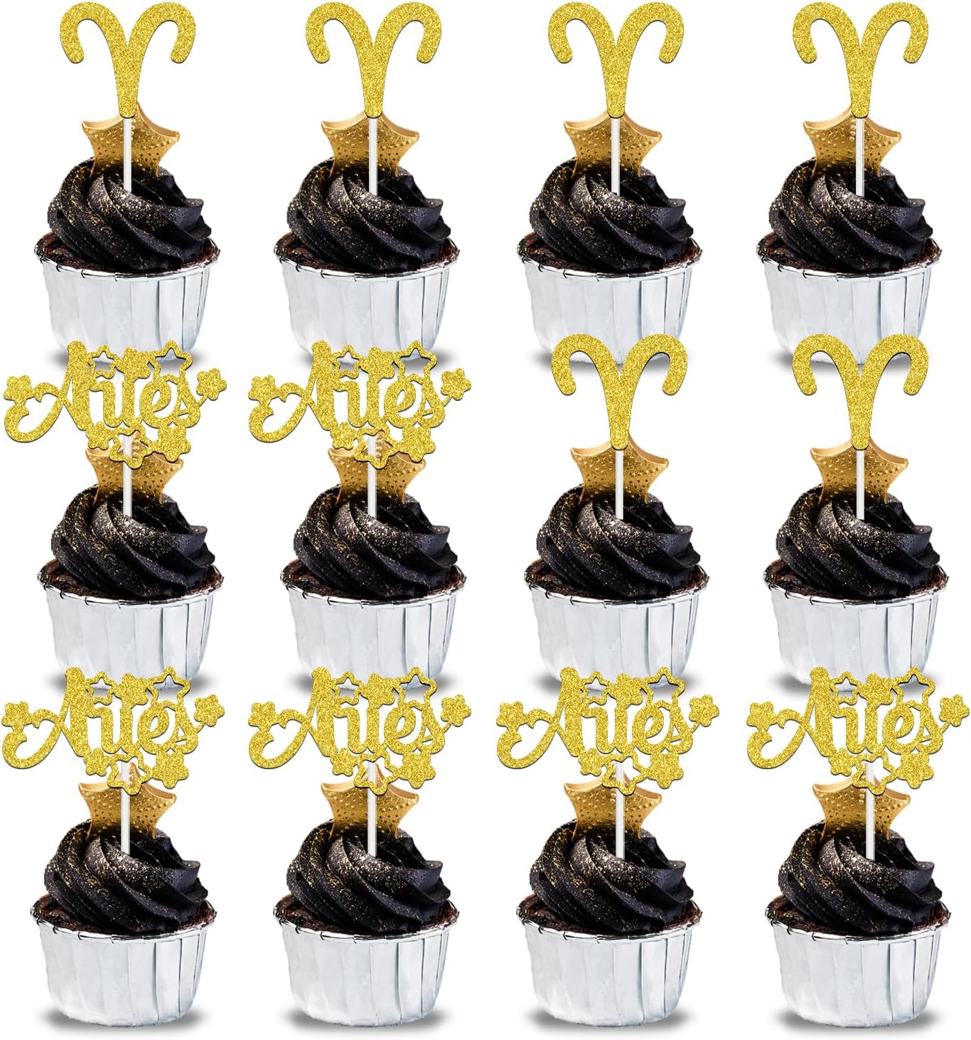 12Pcs Aries Cupcake Topper, Big Aries Energy/Aries Season, 12 Constellation March/April Birthday Cupcake Decoration, Horoscope Astrology Birthday Party Supplies, Gold Glitter