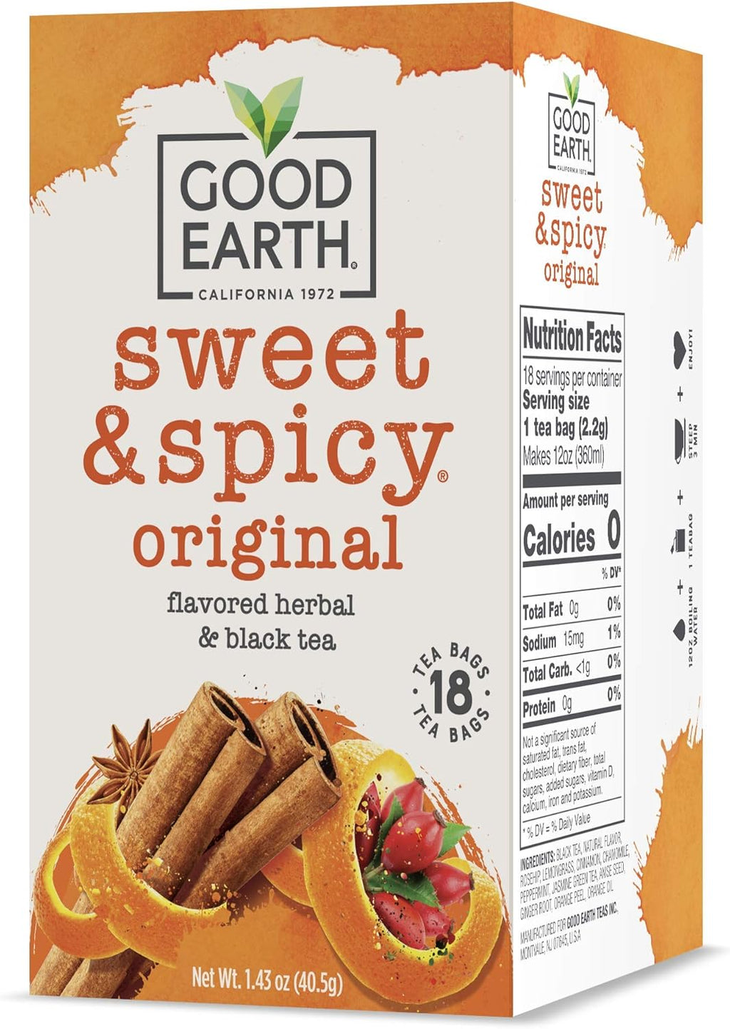 Good Earth Herbal & Black Tea, Sweet & Spicy, 18 Count Tea Bags (Pack of 6) (Packaging May Vary)