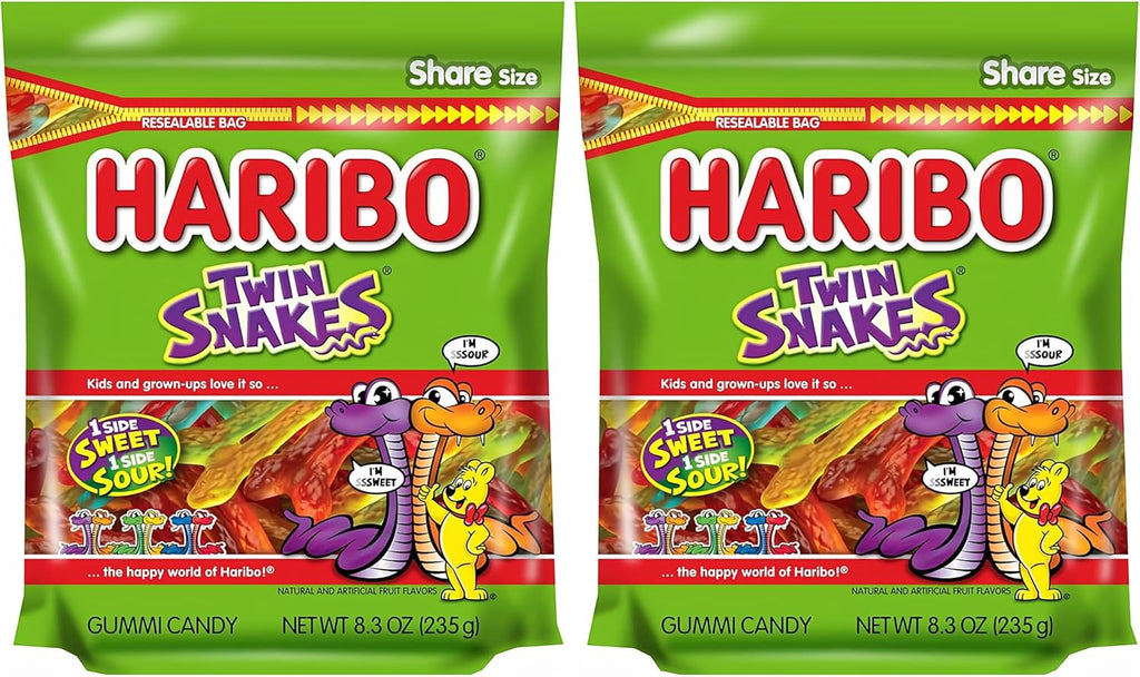 HARIBO Gummi Candy, Twin Snakes Sweet & Sour Gummy Candy, 8.3 Ounce Resealable Share Size Stand Up Bag, Soft & Chewy Snacks, Assorted Fruity Flavors (Pack of 2)