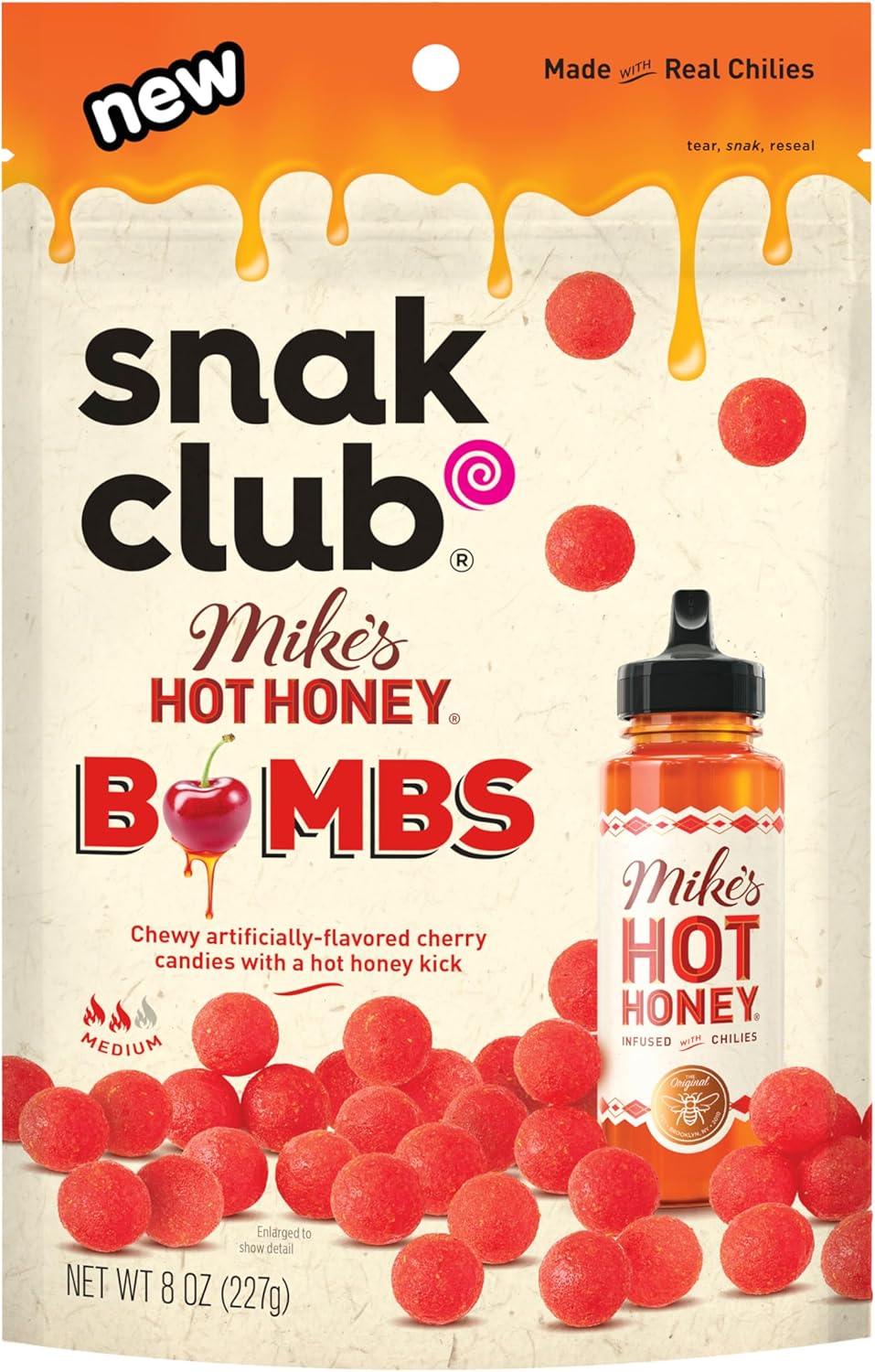 Snak Club Mike’s Hot Honey Bombs Chewy Candy, Cherry Candy with Sweet Heat, Soft Candies, Unique Snacks, 8 oz Family Size Bag