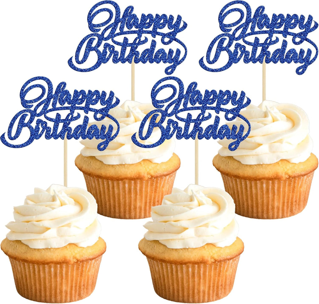 24Pcs Happy Birthday Cupcake Toppers Dark Blue Glitter Birthday Cupcake Food Picks for Celebrating Happy Birthday Party Cake Decorations Supplies