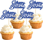 24Pcs Happy Birthday Cupcake Toppers Dark Blue Glitter Birthday Cupcake Food Picks for Celebrating Happy Birthday Party Cake Decorations Supplies
